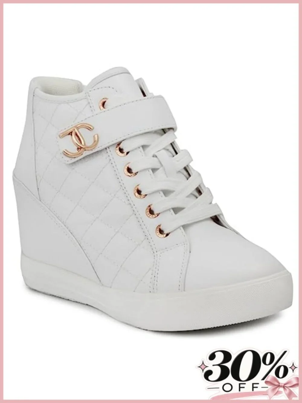 Faux Leather Platform Wedge High Top Sneakers Quilted Cushioned Lace Up
